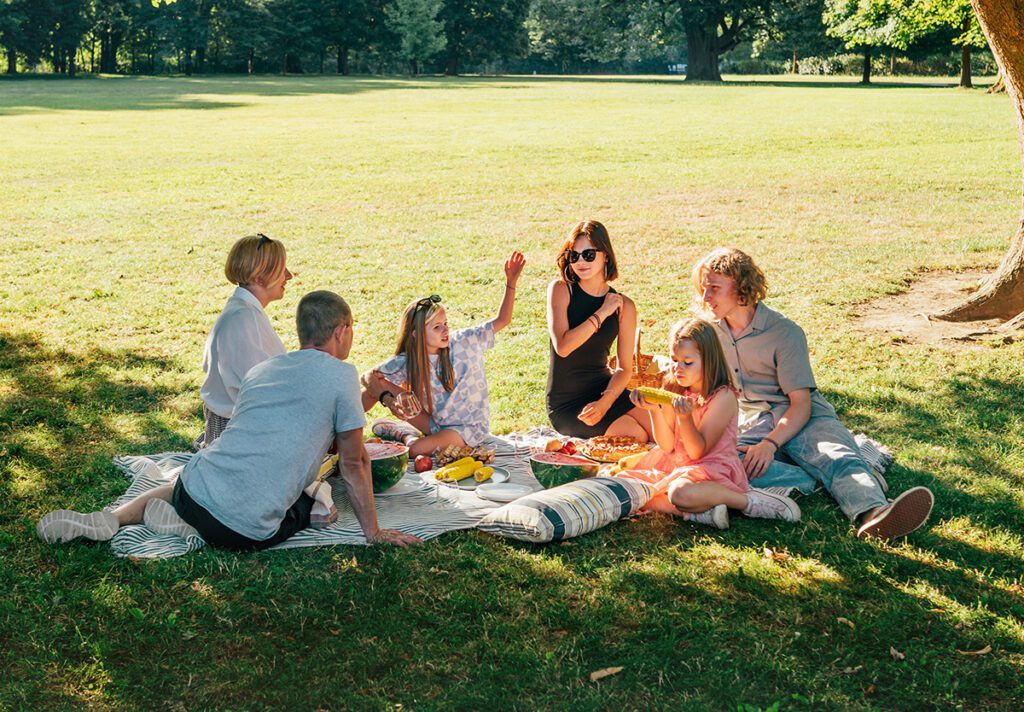 Family sitting on picnic blanket.